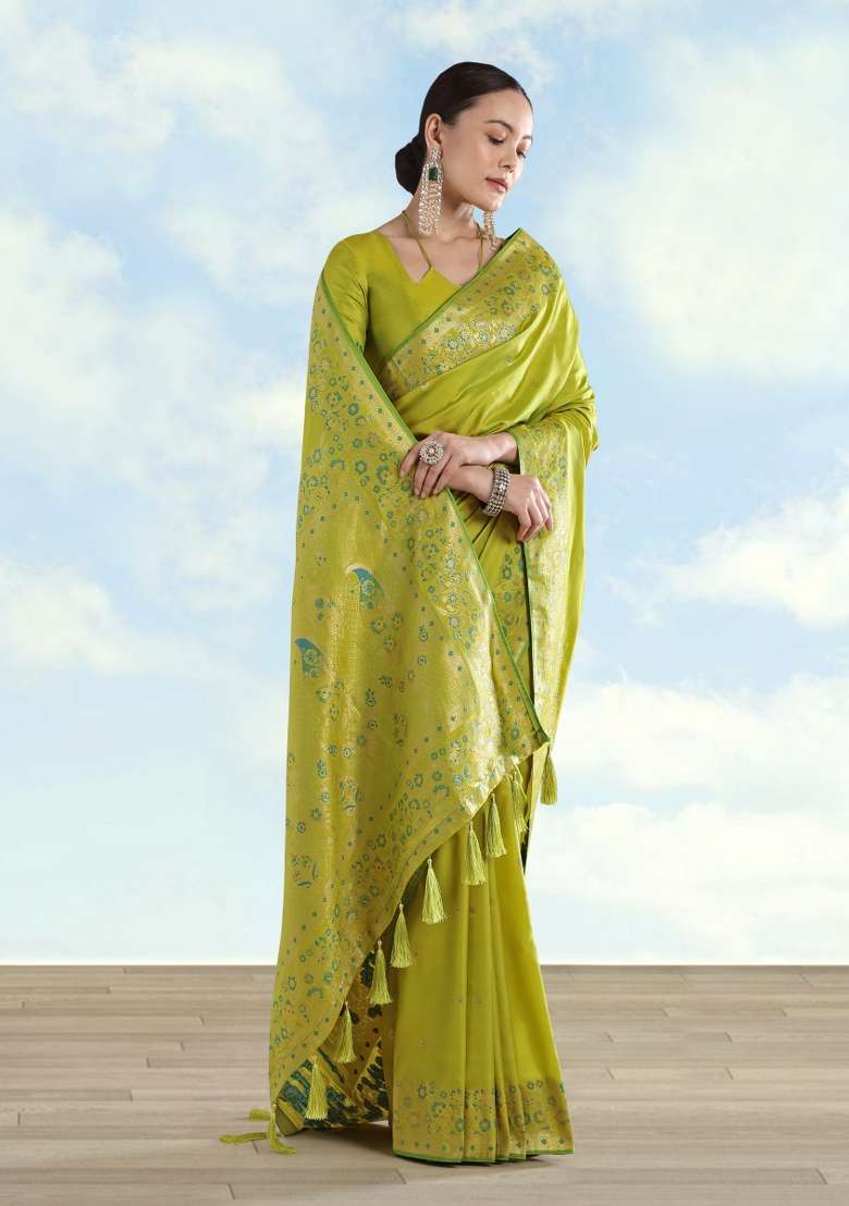 Parrot Green Woven Silk Saree Set for Diwali | Wedding & Festive Wear - Indya