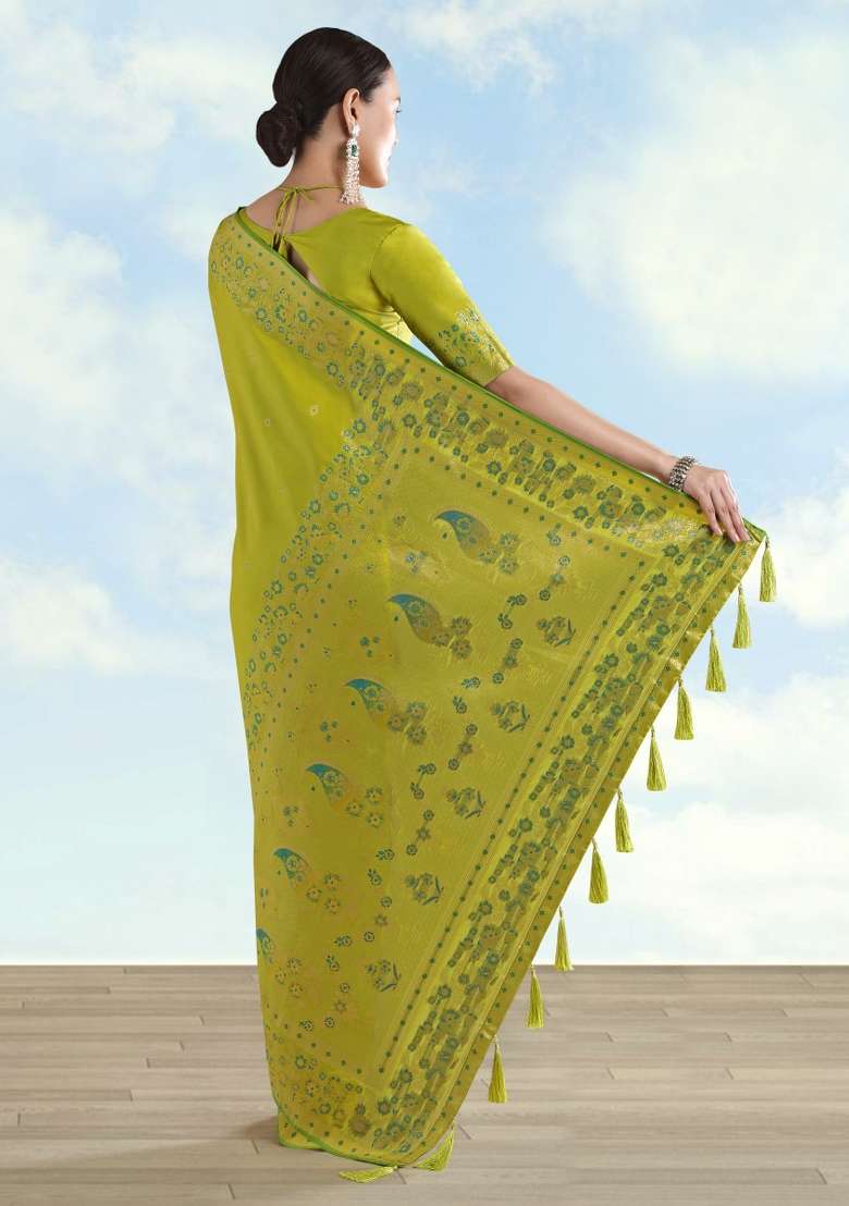 Parrot Green Woven Silk Saree Set for Diwali | Wedding & Festive Wear - Indya