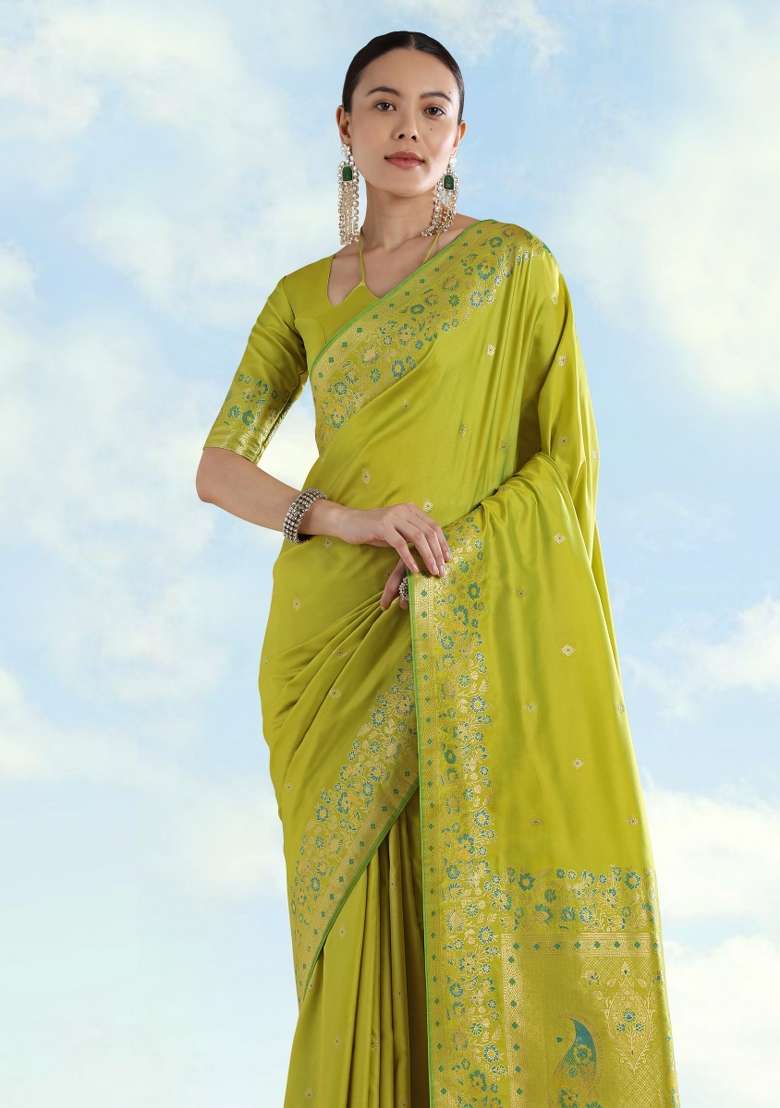 Parrot Green Woven Silk Saree Set for Diwali | Wedding & Festive Wear - Indya