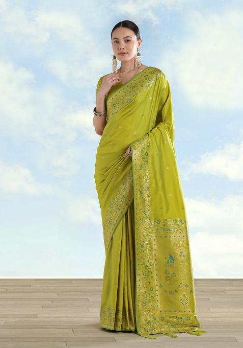 Parrot Green Woven Silk Saree Set