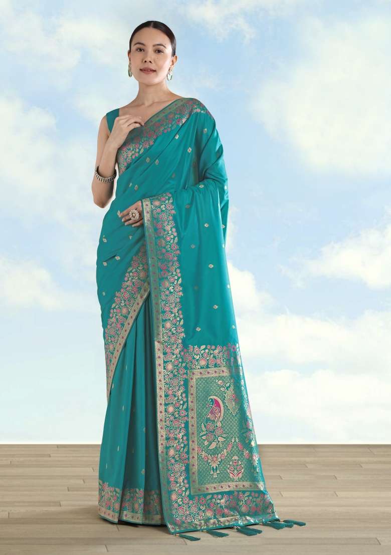 Turquoise Woven Silk Saree Set - Indya