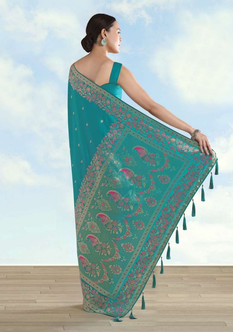 Turquoise Woven Silk Saree Set - Indya