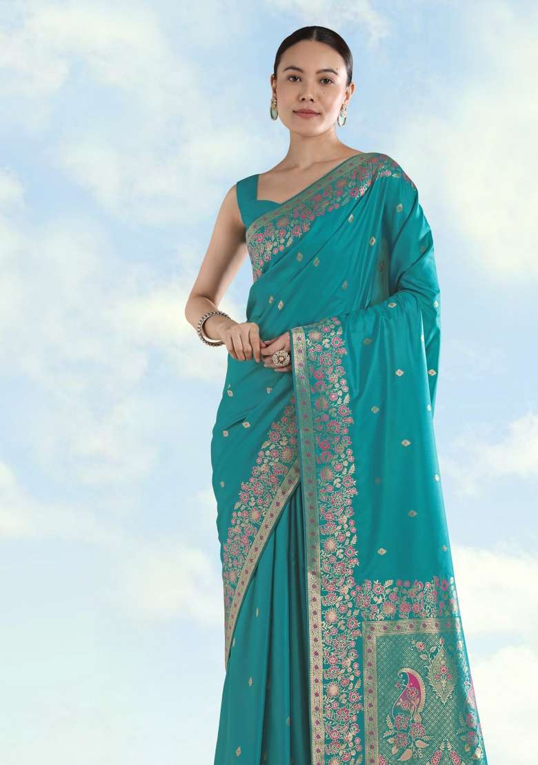 Turquoise Woven Silk Saree Set - Indya