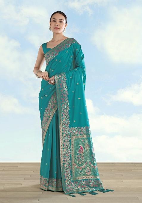 Turquoise Woven Silk Saree Set