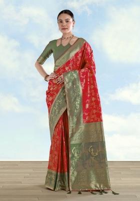 Red Woven Silk Saree Set