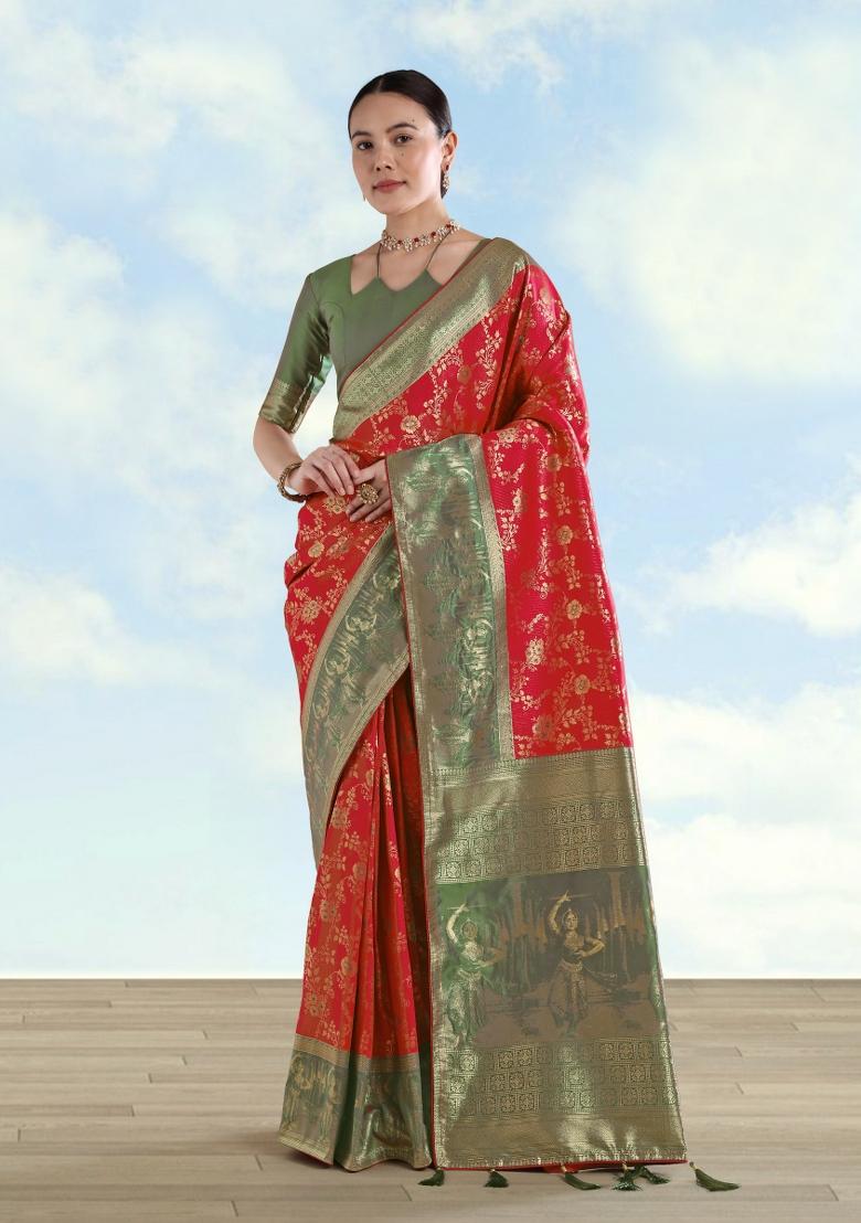Red Woven Silk Saree Set - Indya
