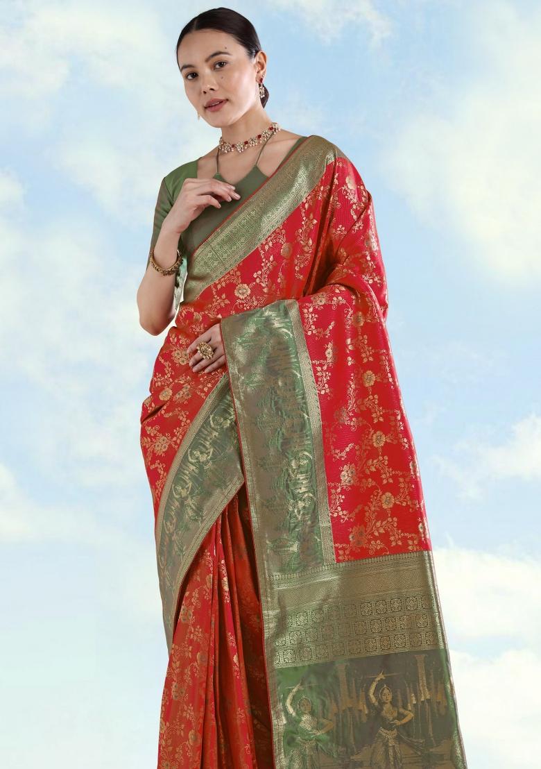 Red Woven Silk Saree Set - Indya