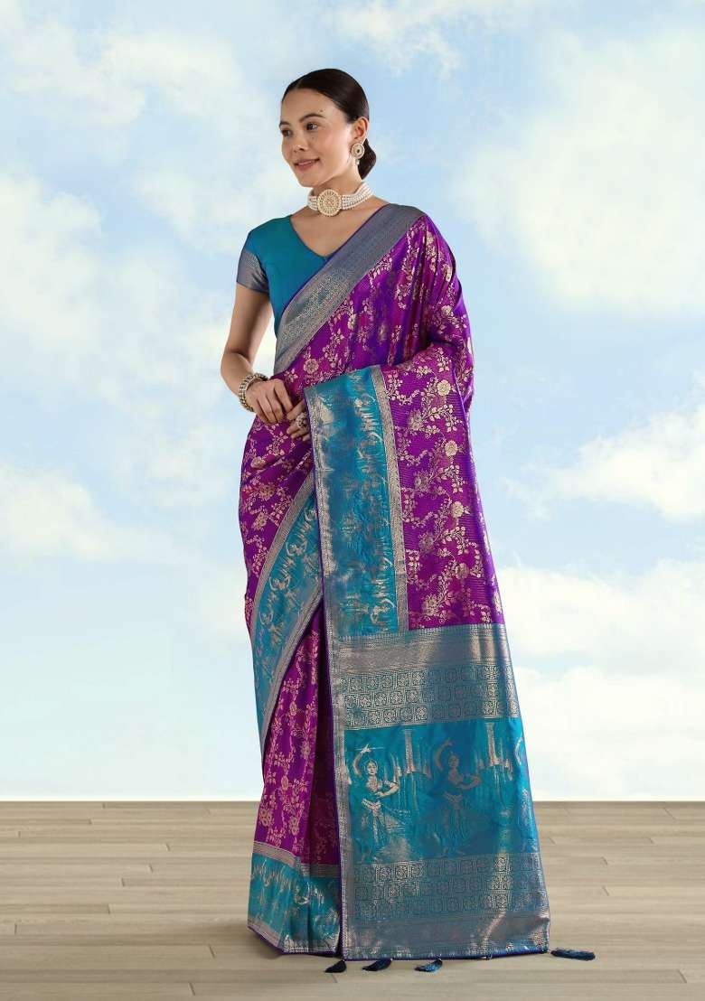 Purple Woven Silk Saree Set for Diwali and Festive Wear - Indya