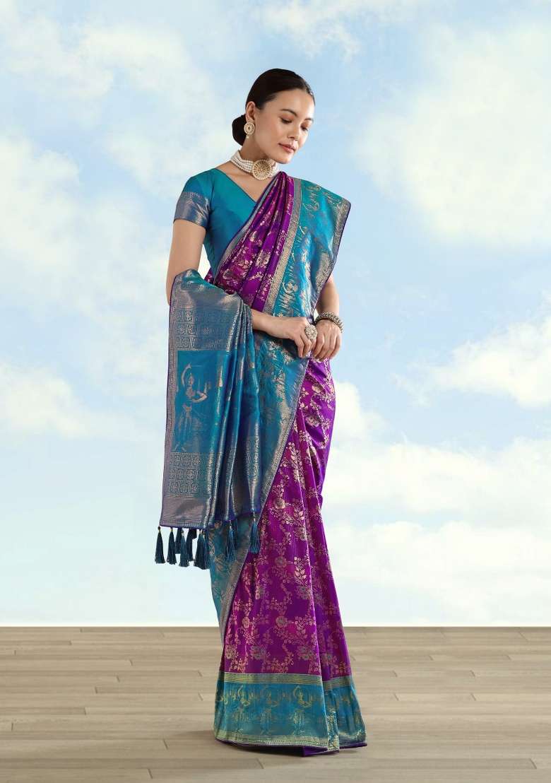Purple Woven Silk Saree Set for Diwali and Festive Wear - Indya