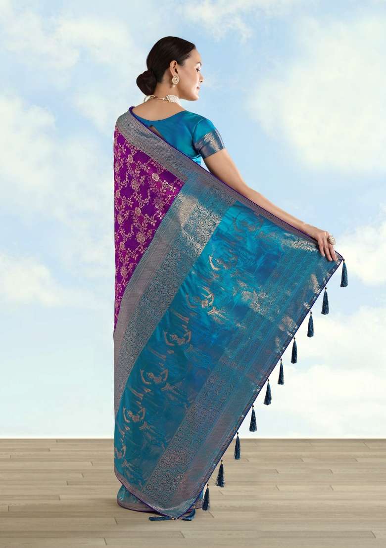 Purple Woven Silk Saree Set for Diwali and Festive Wear - Indya