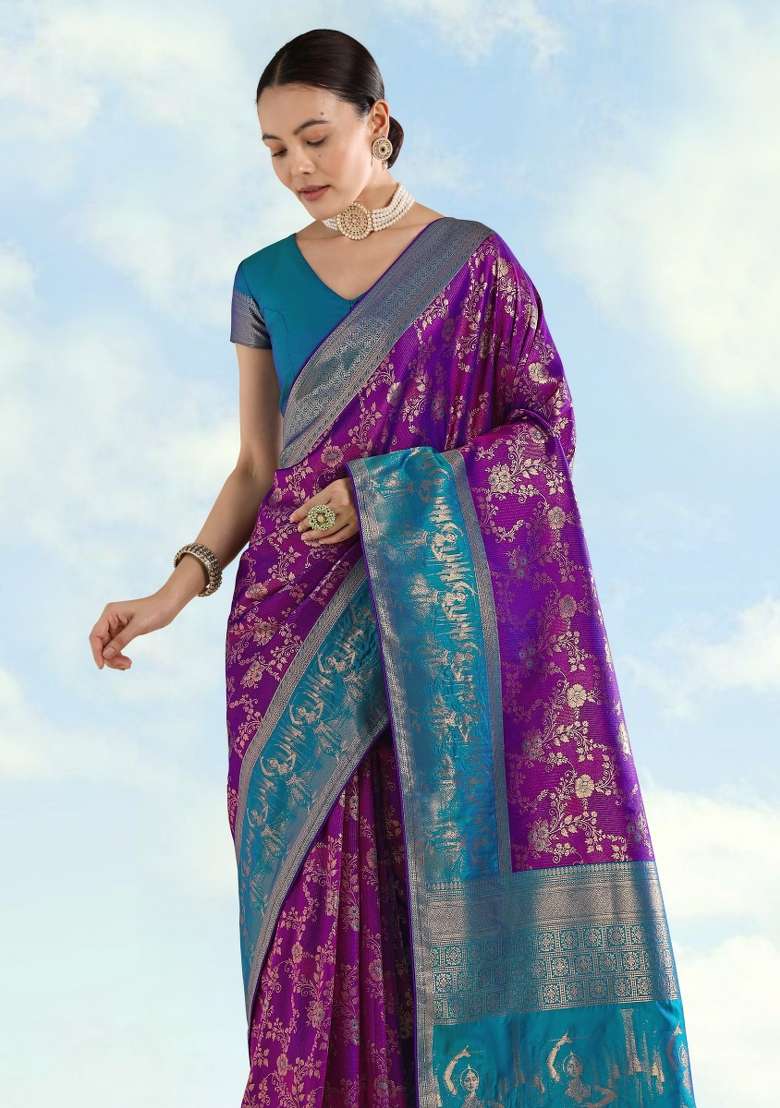 Purple Woven Silk Saree Set for Diwali and Festive Wear - Indya
