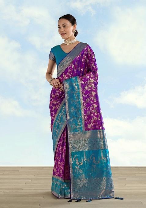 Purple Woven Silk Saree Set