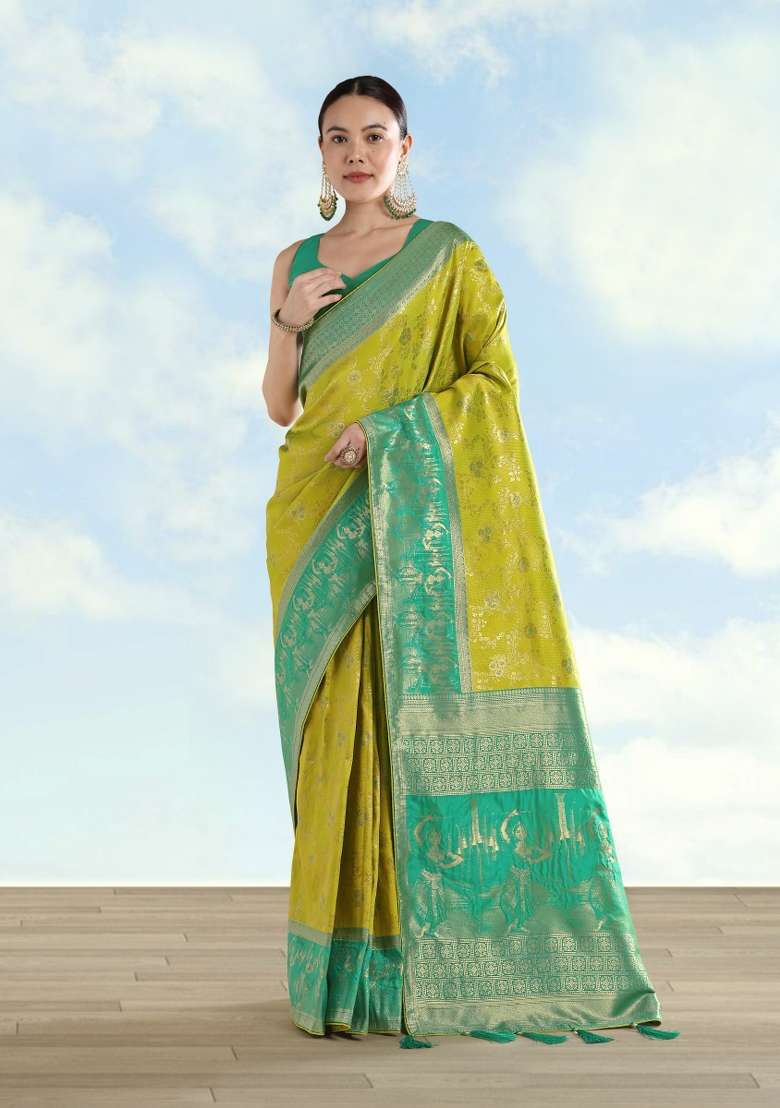 Parrot Green Woven Silk Saree Set for Diwali | Wedding & Festive Wear - Indya