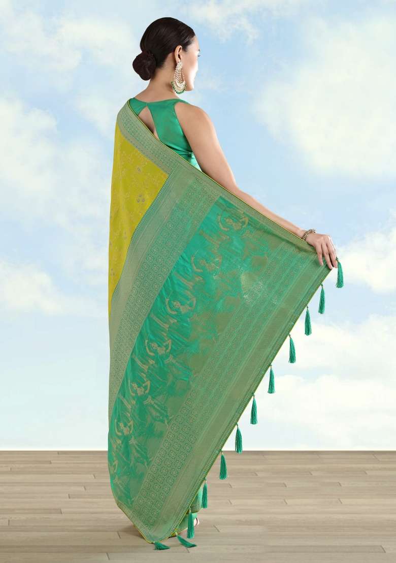 Parrot Green Woven Silk Saree Set for Diwali | Wedding & Festive Wear - Indya