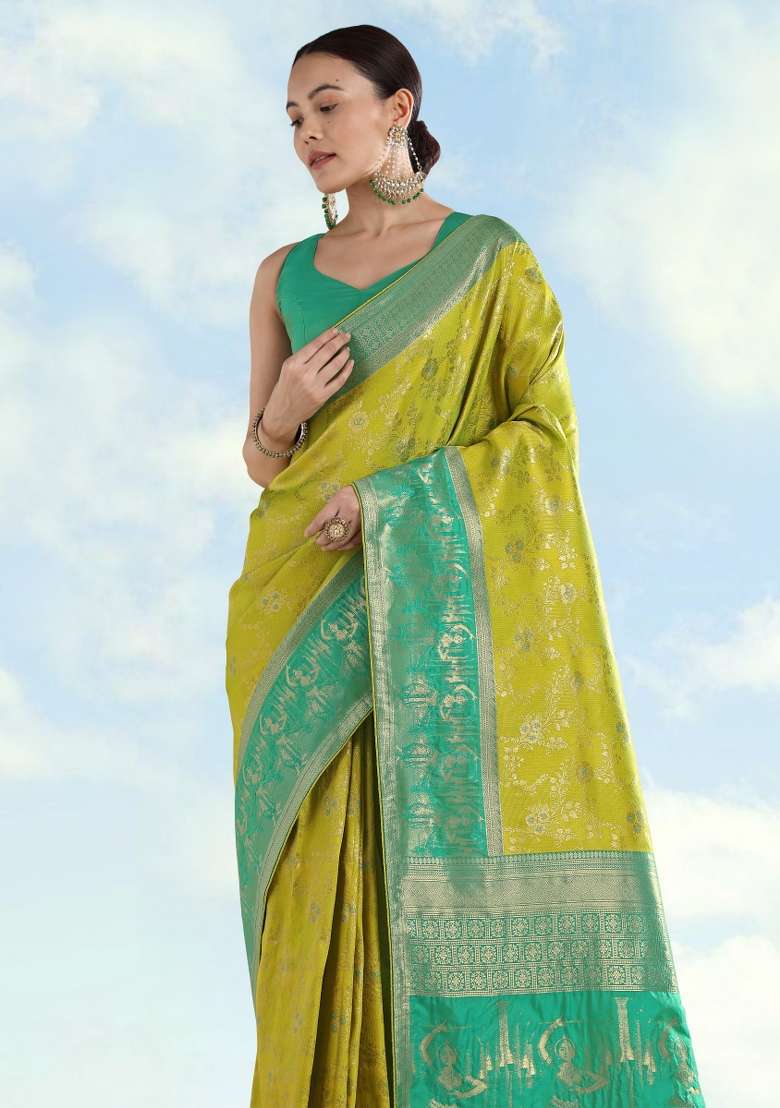 Parrot Green Woven Silk Saree Set for Diwali | Wedding & Festive Wear - Indya