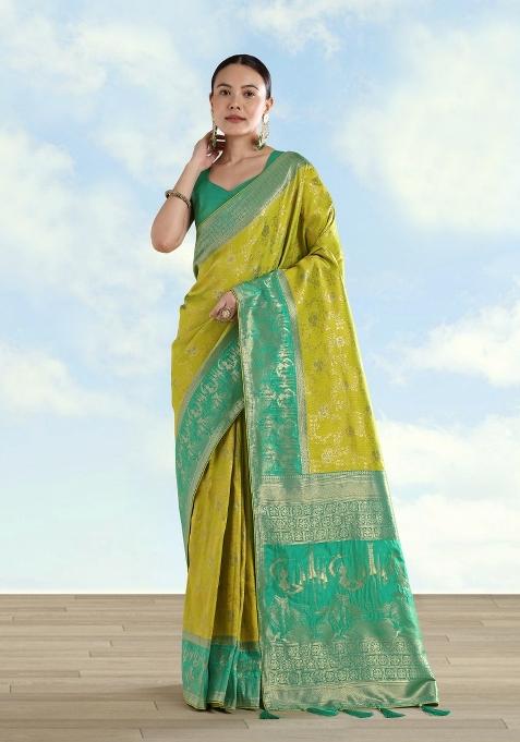 Parrot Green Woven Silk Saree Set