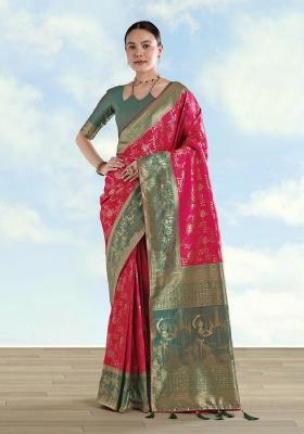 Pink Embroidered Silk Saree Set