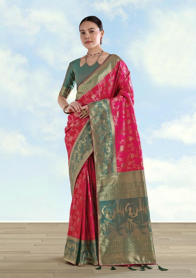 Pink Embroidered Silk Saree Set - Indya