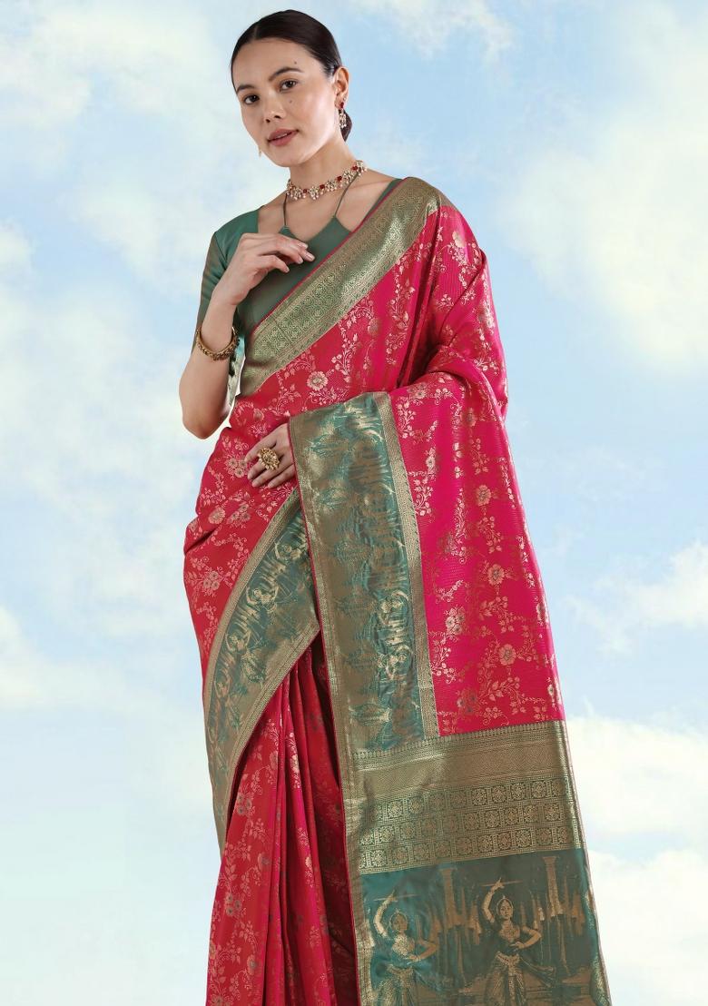 Pink Embroidered Silk Saree Set - Indya