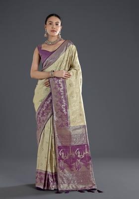 Cream Embroidered Silk Saree Set