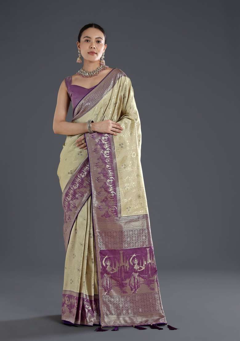 Cream Silk Saree Set with Embroidered for Diwali | Wedding & Festive Wear - Indya