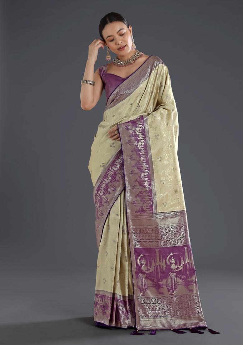 Cream Embroidered Silk Saree Set - Indya