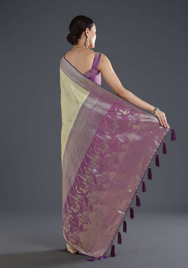 Cream Silk Saree Set with Embroidered for Diwali | Wedding & Festive Wear - Indya