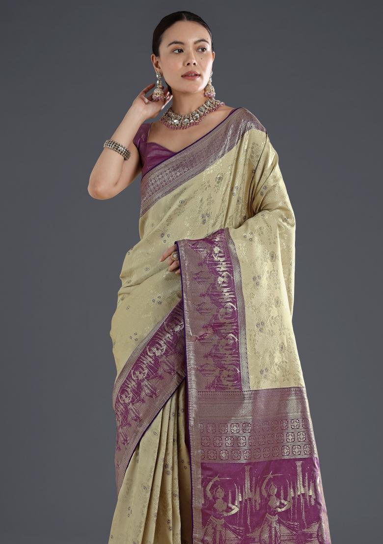 Cream Embroidered Silk Saree Set - Indya
