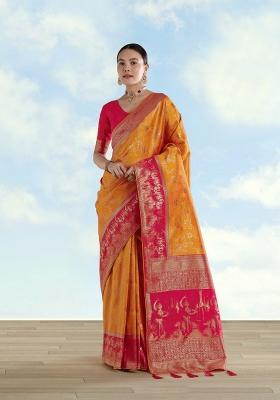 Mustard Embroidered Silk Saree Set