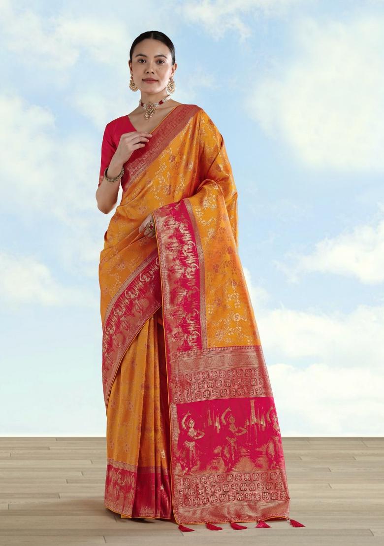 Mustard Embroidered Silk Saree Set - Indya