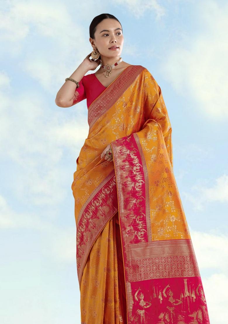 Mustard Embroidered Silk Saree Set - Indya