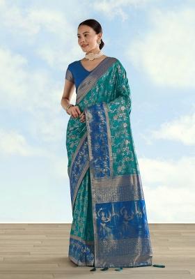 Teal Embroidered Silk Saree Set