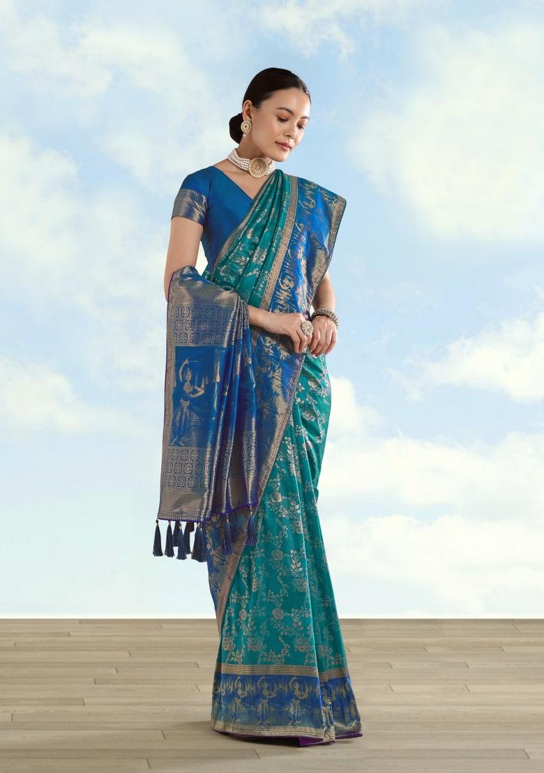 Teal Embroidered Silk Saree Set - Indya