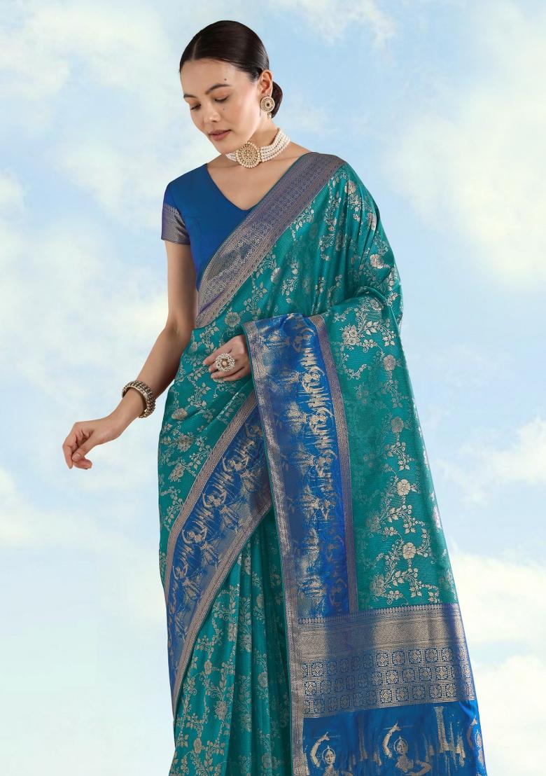 Teal Embroidered Silk Saree Set - Indya