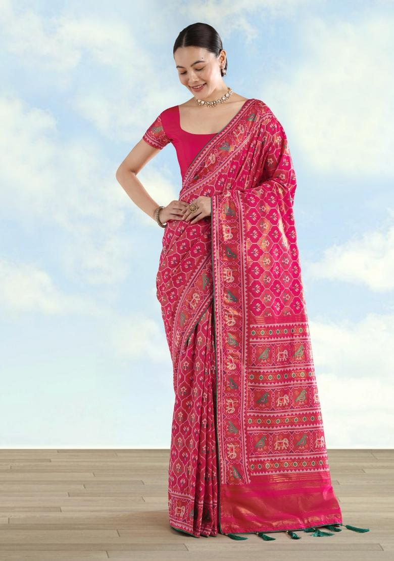 Pink Embroidered Silk Saree Set - Indya