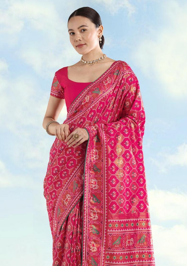 Pink Embroidered Silk Saree Set - Indya