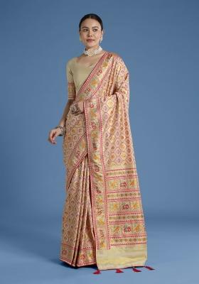 Cream Embroidered Silk Saree Set