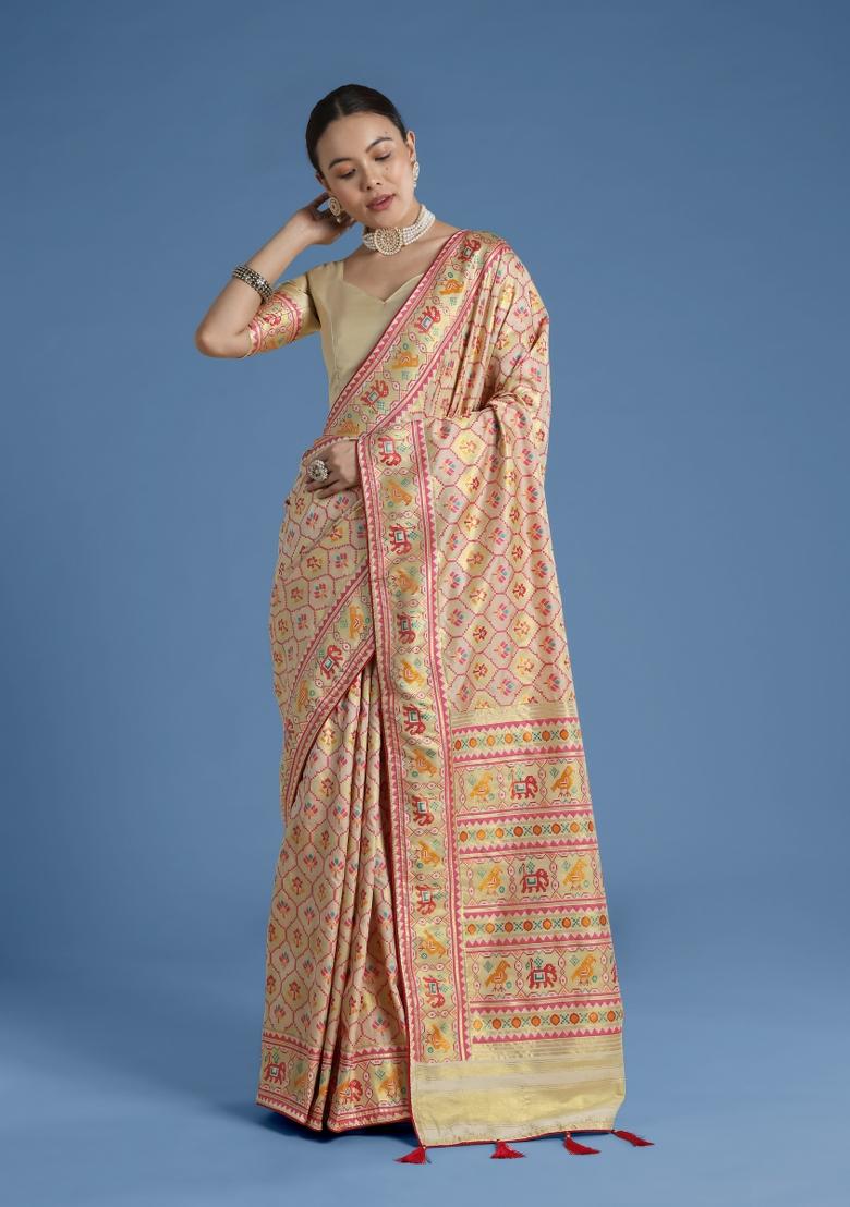 Cream Embroidered Silk Saree Set - Indya
