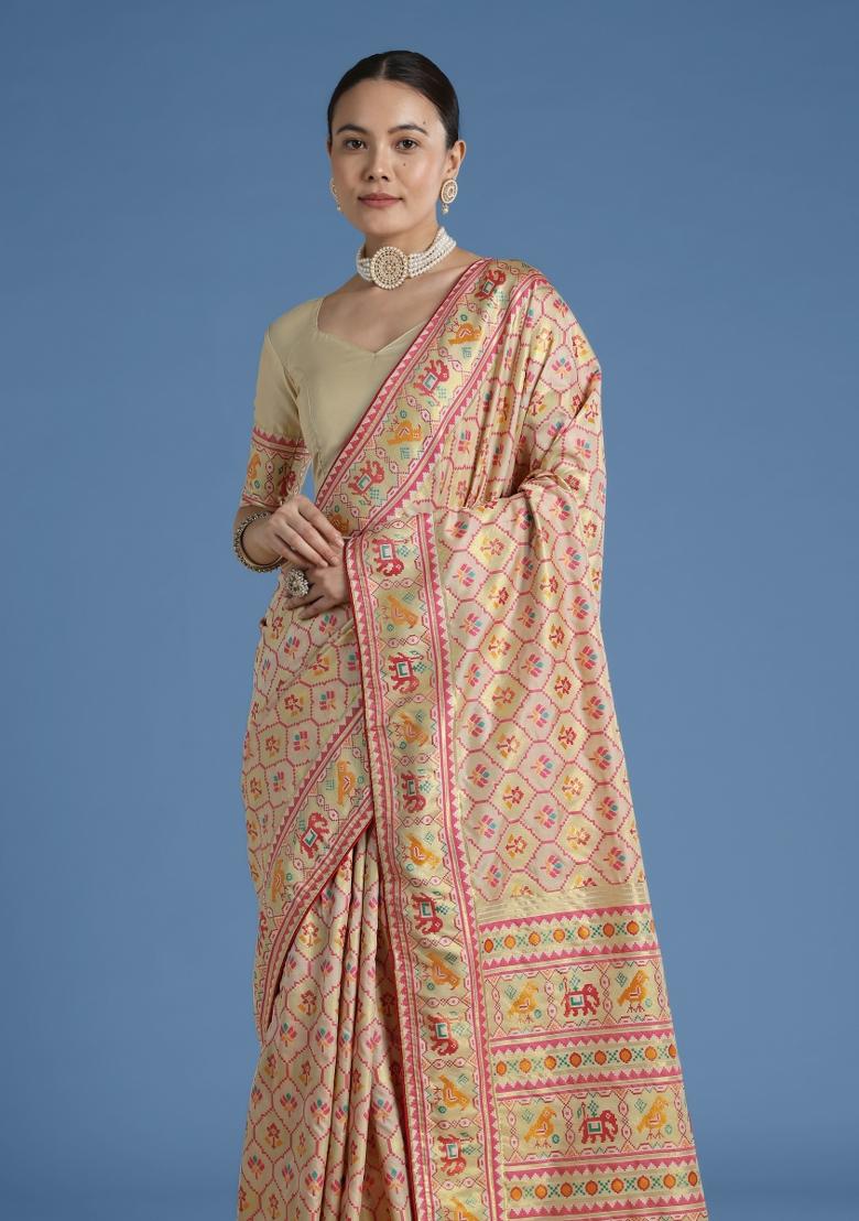 Cream Embroidered Silk Saree Set - Indya