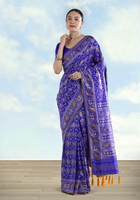 Royal Blue Embroidered Silk Saree Set