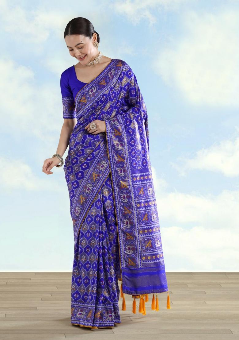Royal Blue Embroidered Silk Saree Set - Indya