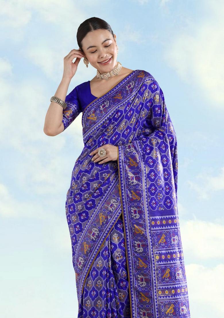 Royal Blue Embroidered Silk Saree Set - Indya