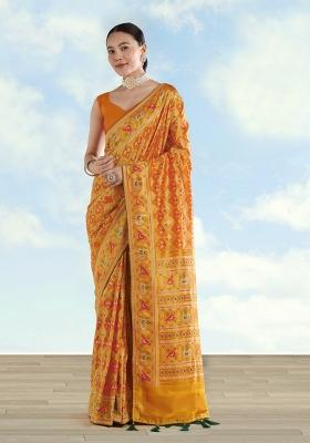 Yellow Embroidered Silk Saree Set