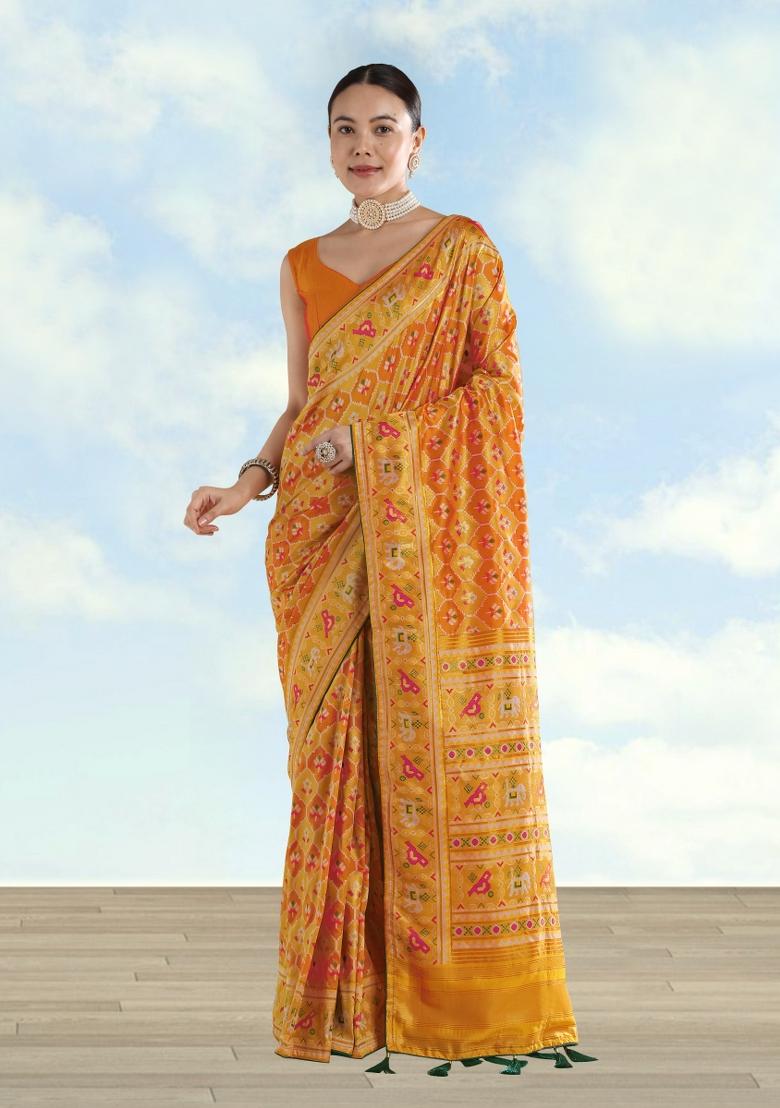 Yellow Embroidered Silk Saree Set - Indya