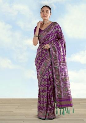 Purple Embroidered Silk Saree Set