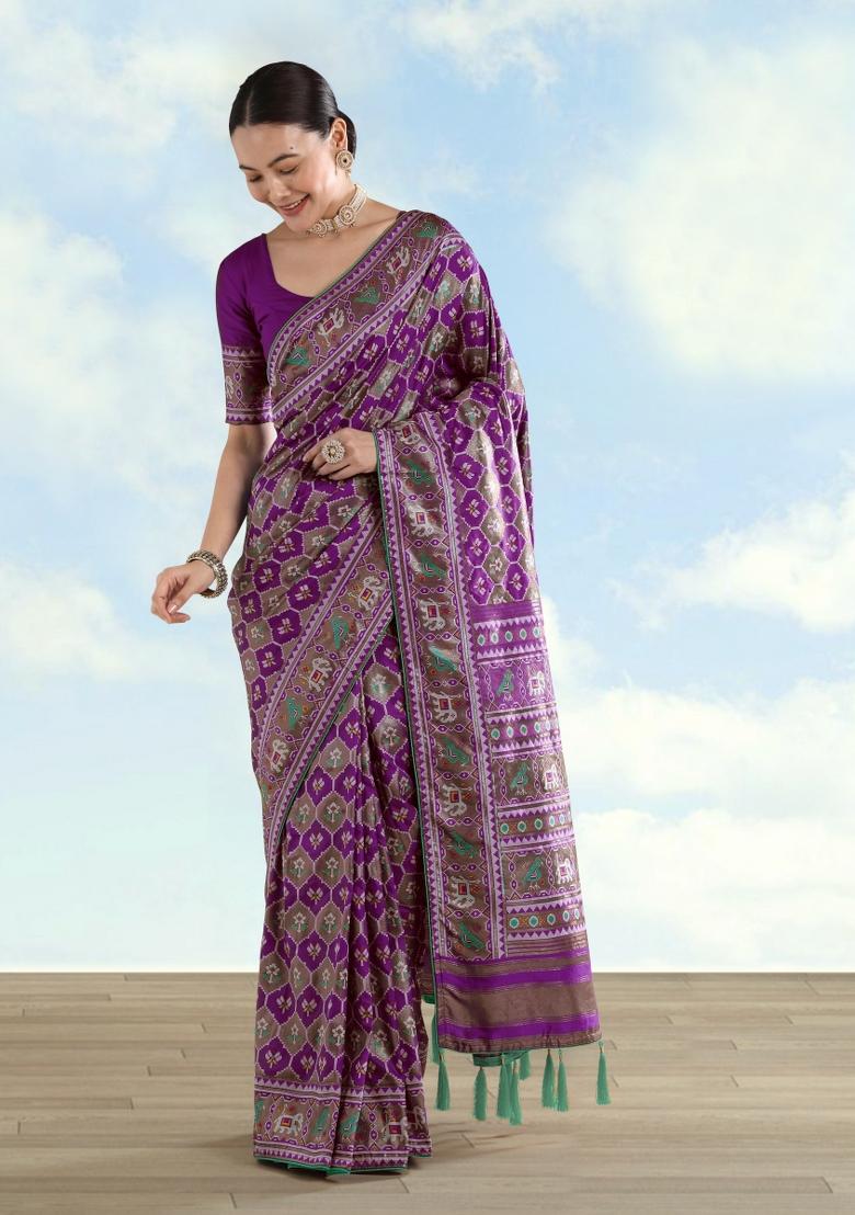 Purple Embroidered Silk Saree Set - Indya
