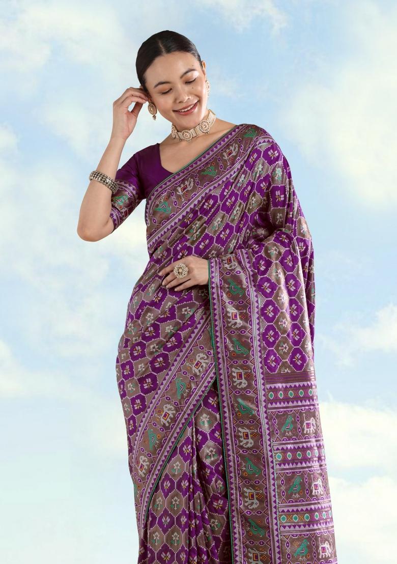 Purple Embroidered Silk Saree Set - Indya