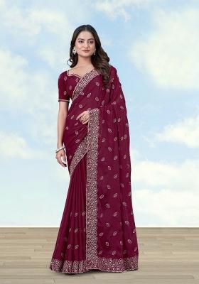 Wine Embroidered Georgette Saree Set