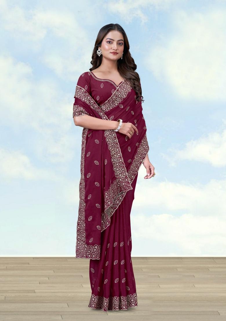 Wine Embroidered Georgette Saree Set - Indya