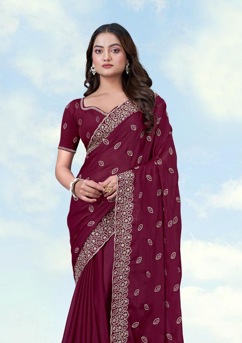 Wine Embroidered Georgette Saree Set - Indya